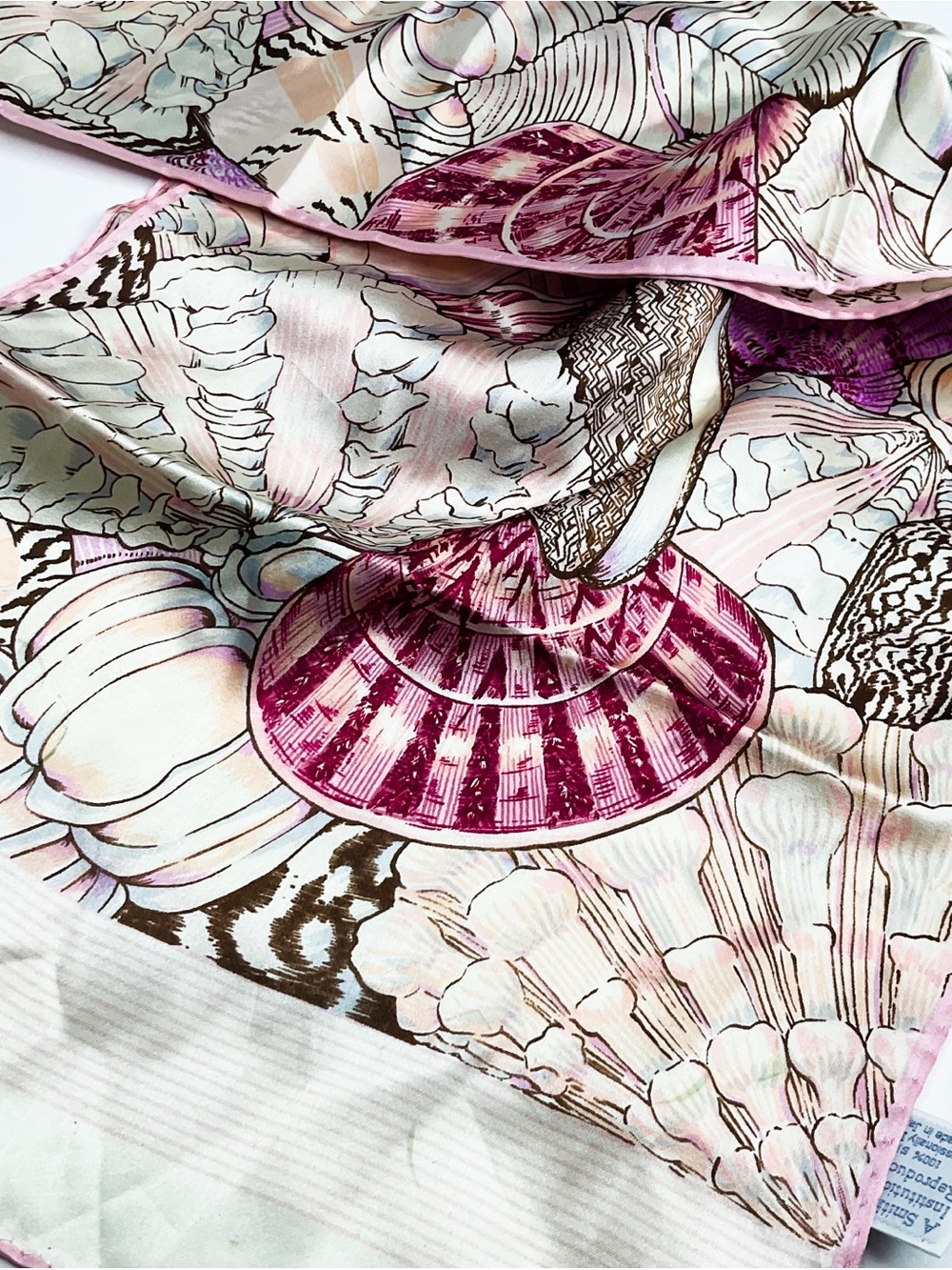 Vintage Smithsonian Seashell Print Silk Scarf in Pink and Mint